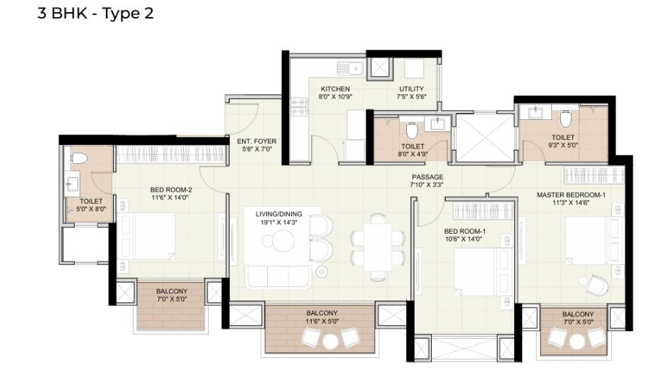 Hiranandani-Sands-Floor-Plan-3 BHK-1520 Sqft